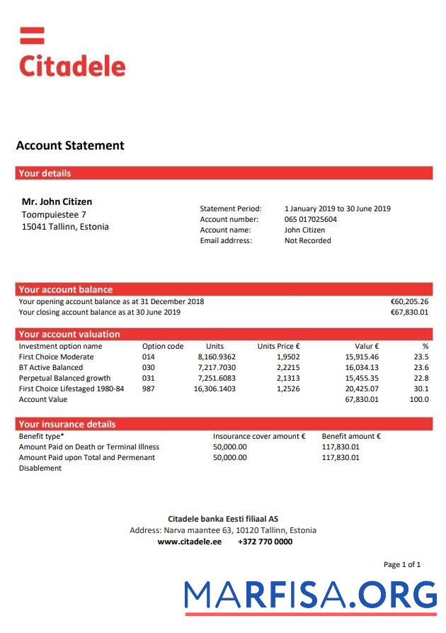 Printable Estonia Citadele bank statement word template